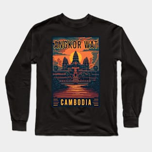 Explore the Mystique of Angkor Wat in Cambodia - Vintage Travel Art Long Sleeve T-Shirt